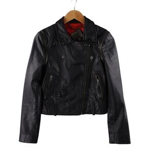 Muubaa Womens Black Leather Biker Jacket Red Lining Moto Asymmetric Zip Size 6